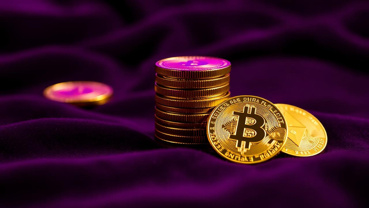 Bitcoin and Ethereum coins on a purple velvet surface